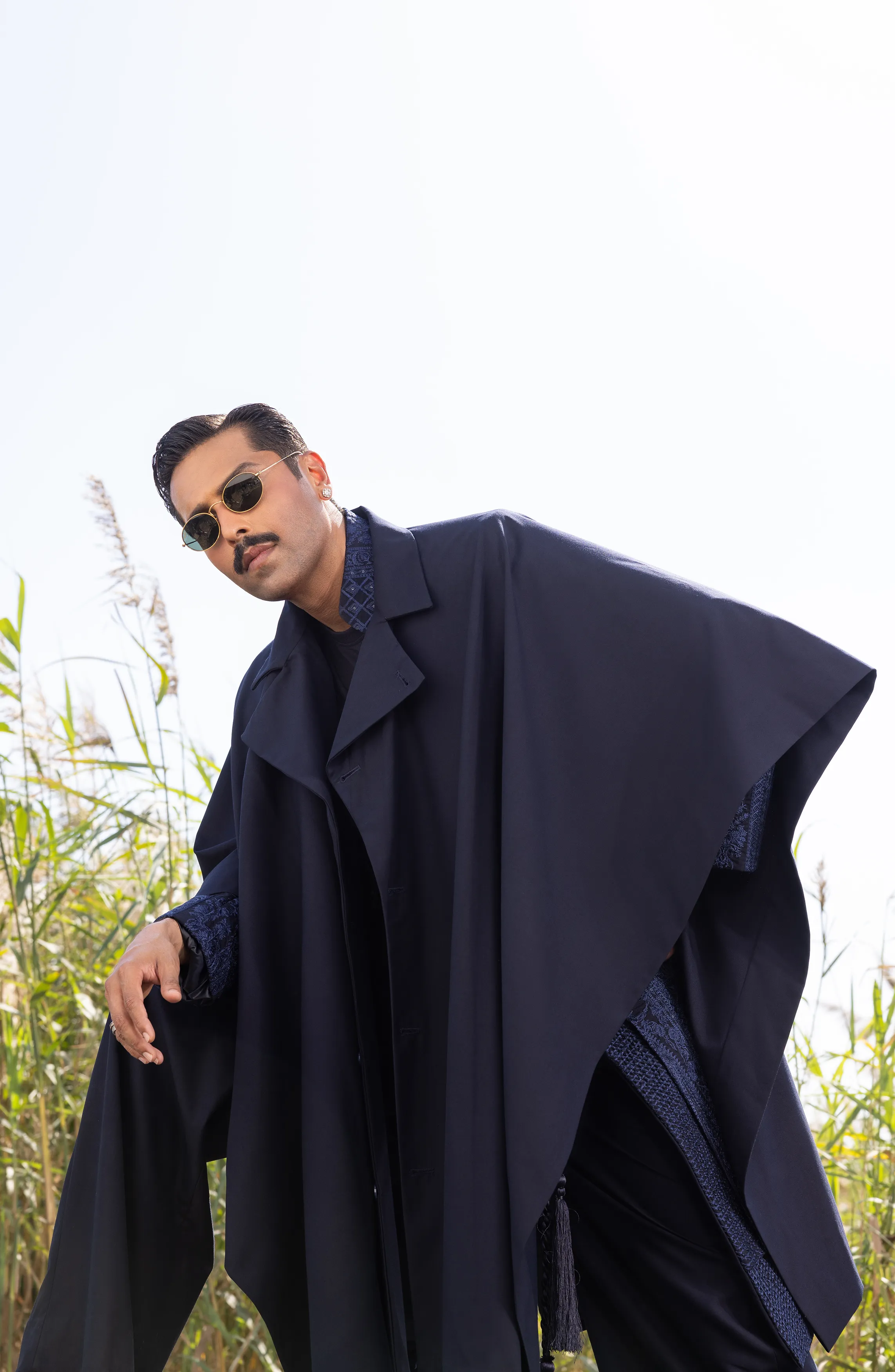 1920s Inspired Navy Blue Sherwani Paired with Loose Fit Pants