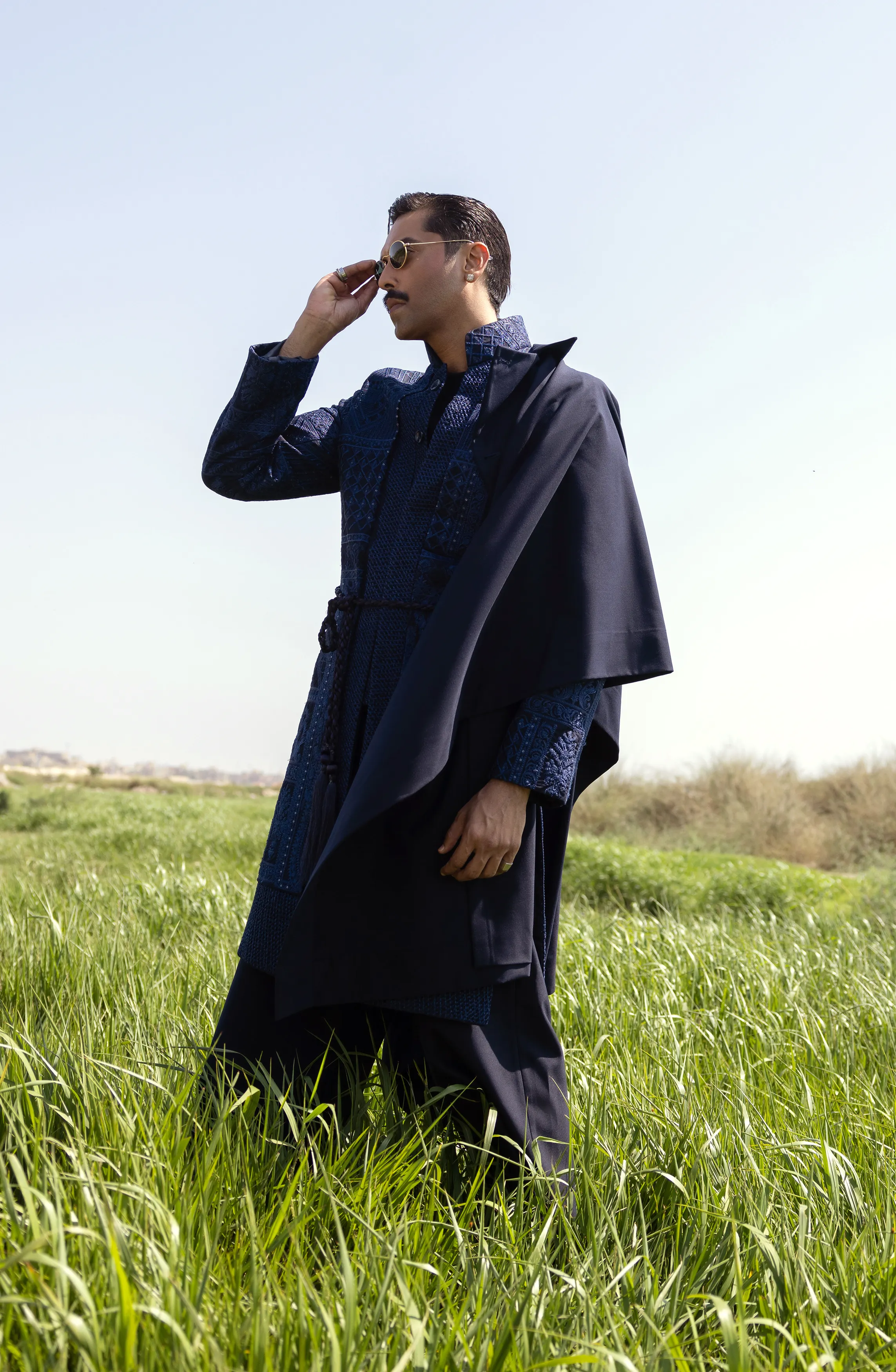 1920s Inspired Navy Blue Sherwani Paired with Loose Fit Pants