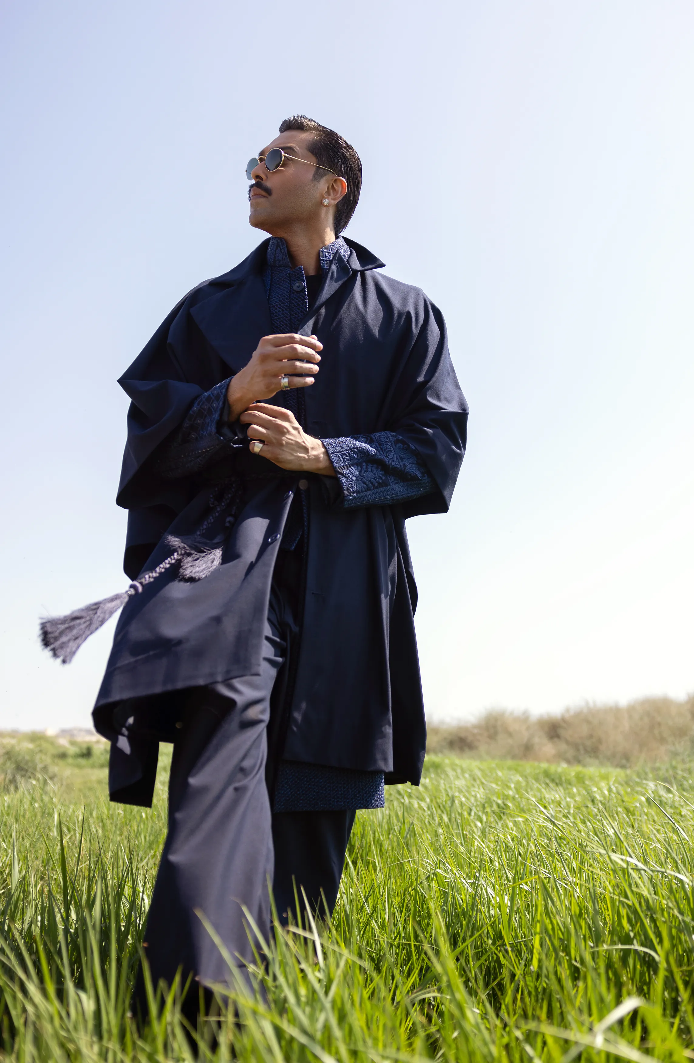 1920s Inspired Navy Blue Sherwani Paired with Loose Fit Pants