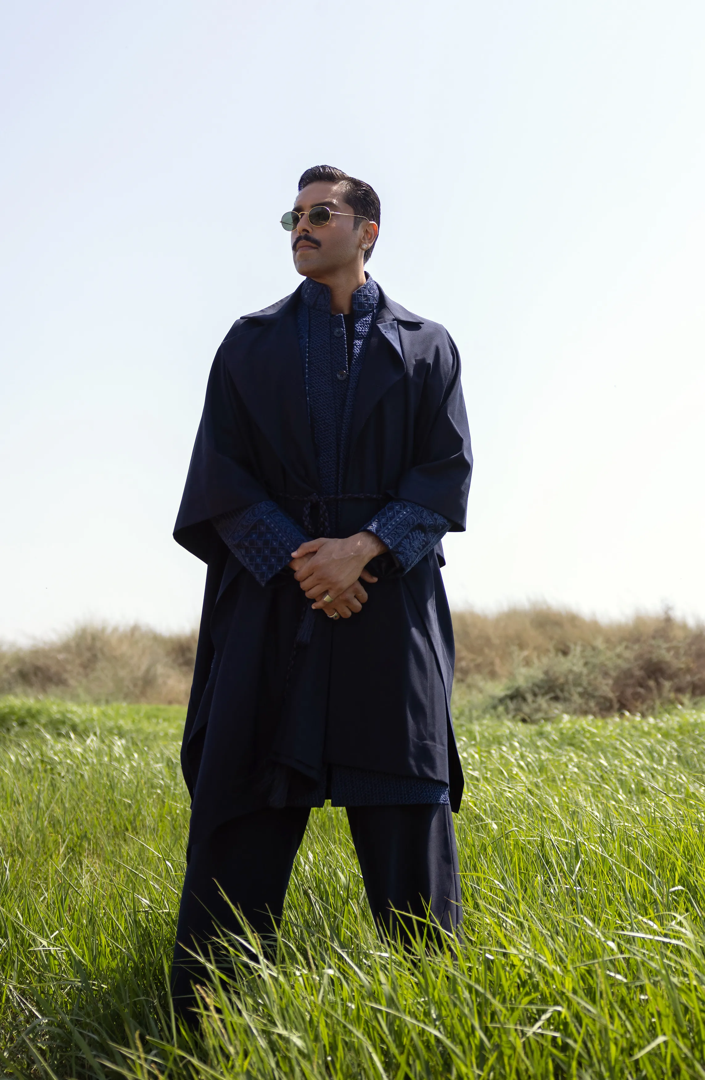 1920s Inspired Navy Blue Sherwani Paired with Loose Fit Pants