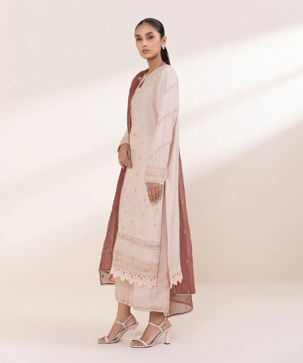 3 Piece - Embroidered Raw Silk Suit