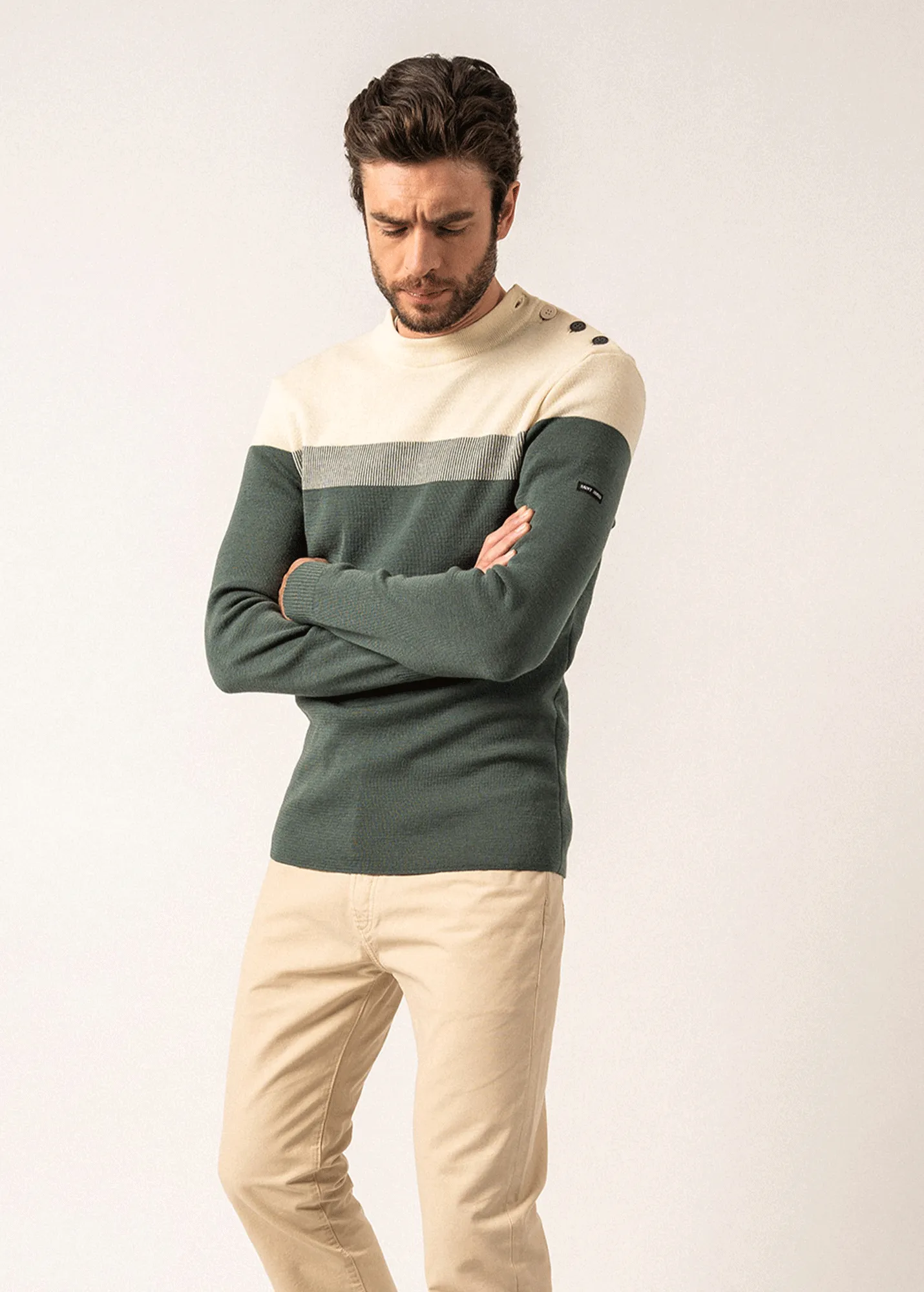 Bretagne sailor jumper - slim fit, in pure new wool (VEGETAL/ECRU)