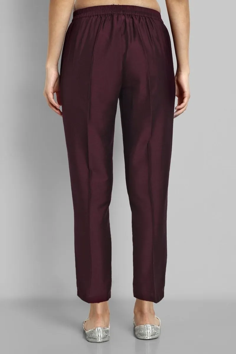 Burgundy Straight Cotton Silk Pant with Pockets