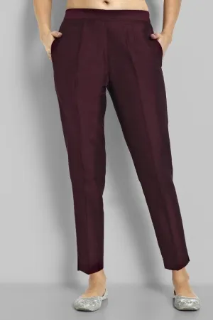 Burgundy Straight Cotton Silk Pant with Pockets