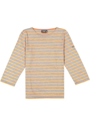 GALATHEE II - Breton Striped Top with ¾ Sleeve | Soft Cotton | Women Fit (DENIM / NEON ORANGE)