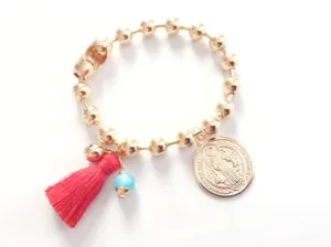 Gold Plated Tassel Ball Bracelet - St. Benedict Medal Bracelet - Medalla San Benito