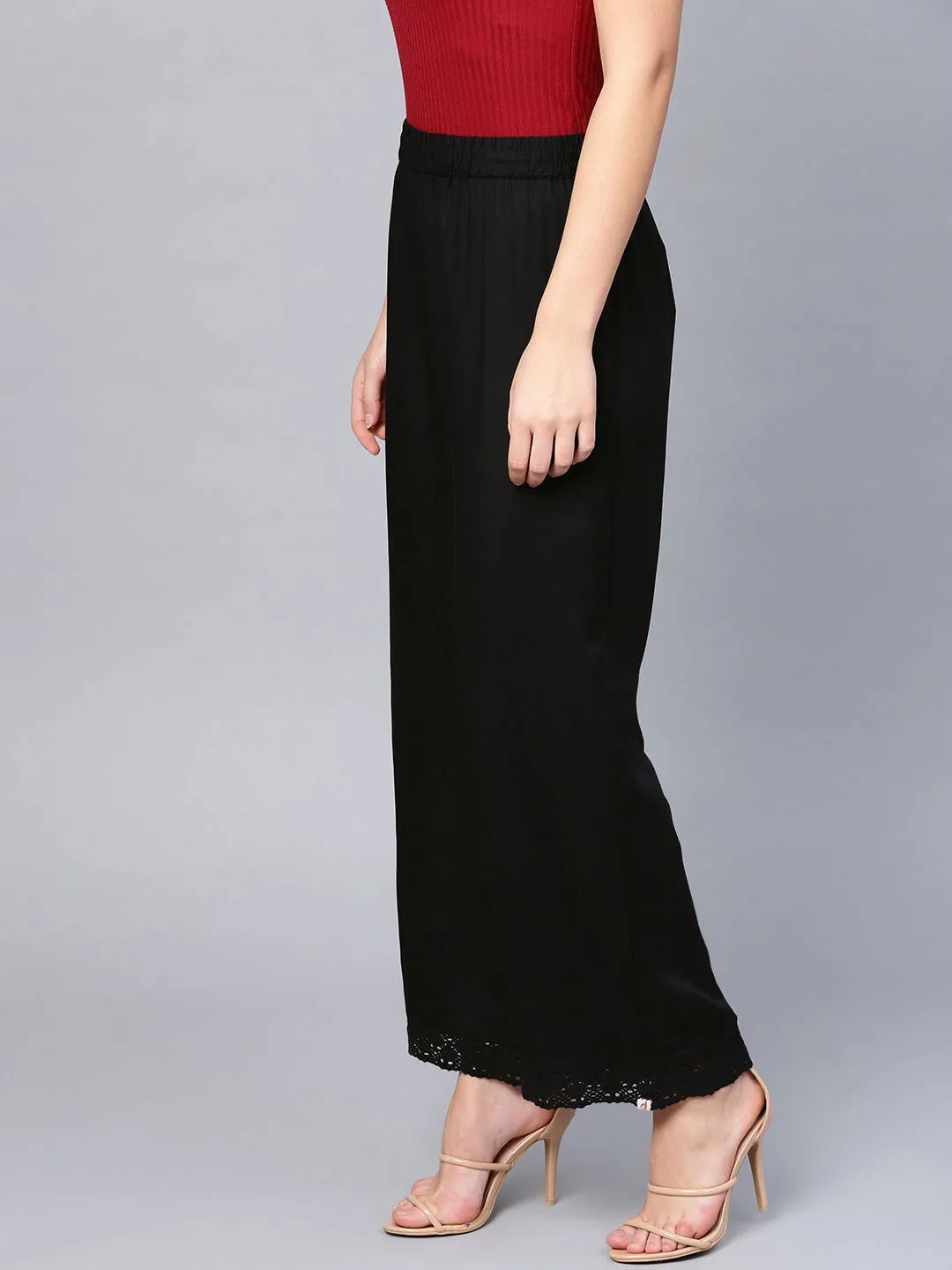 Juniper Black Solid Rayon Wide Leg Women Palazzo With One Pocket