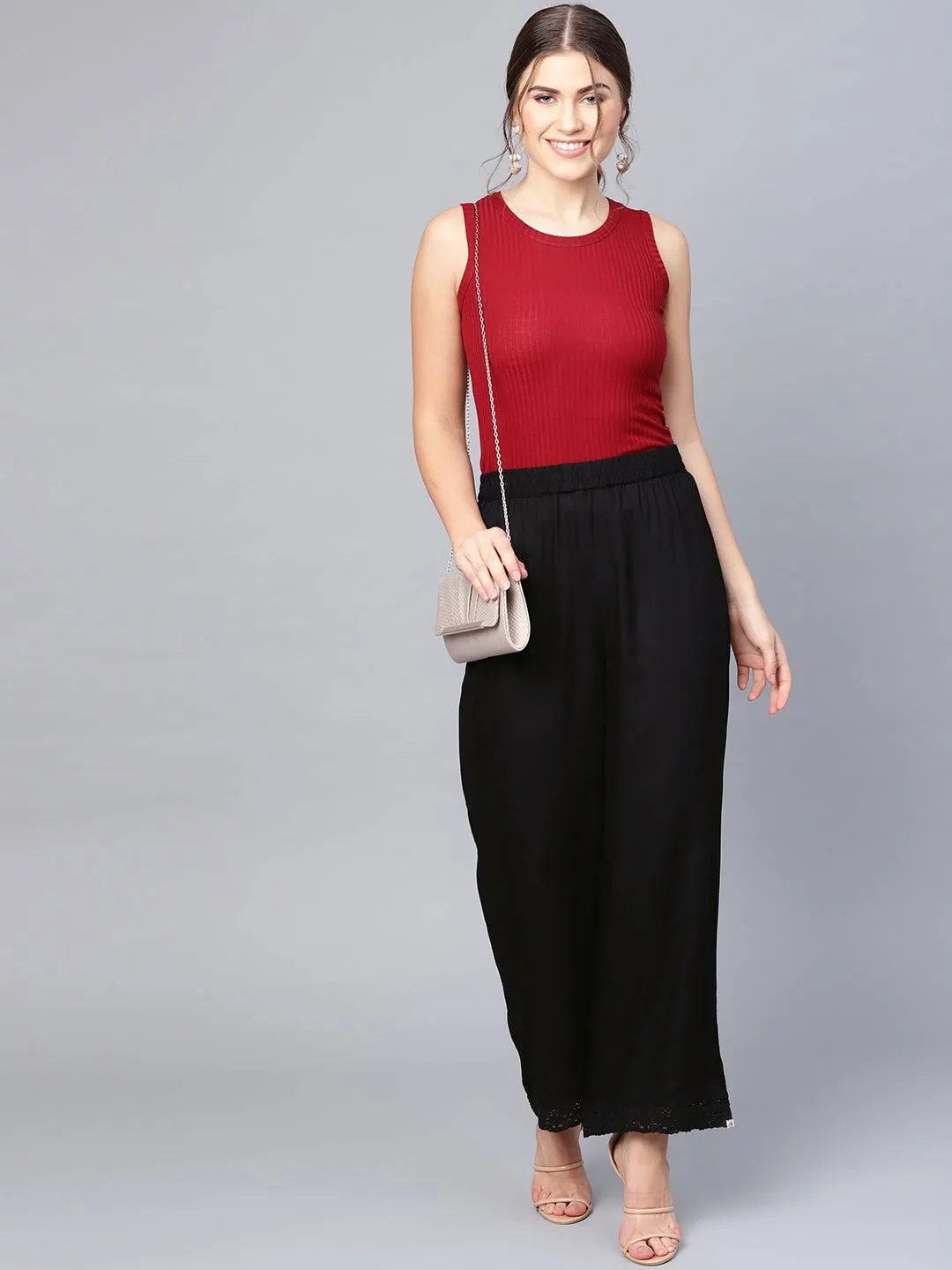 Juniper Black Solid Rayon Wide Leg Women Palazzo With One Pocket