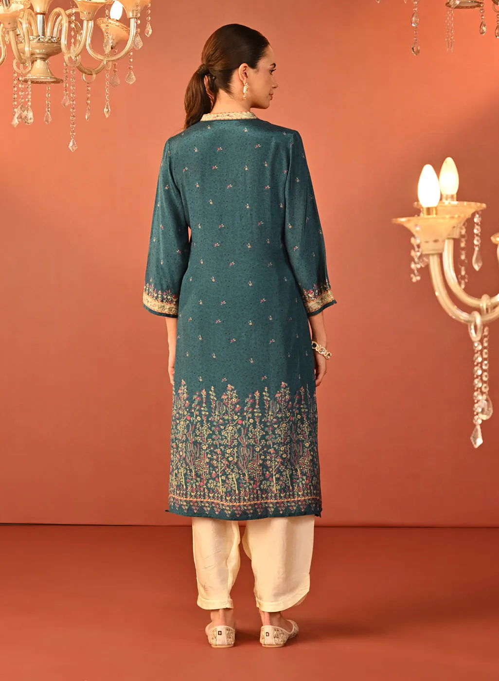 Mehak Teal Blue Printed Viscose Long Kurta for Women