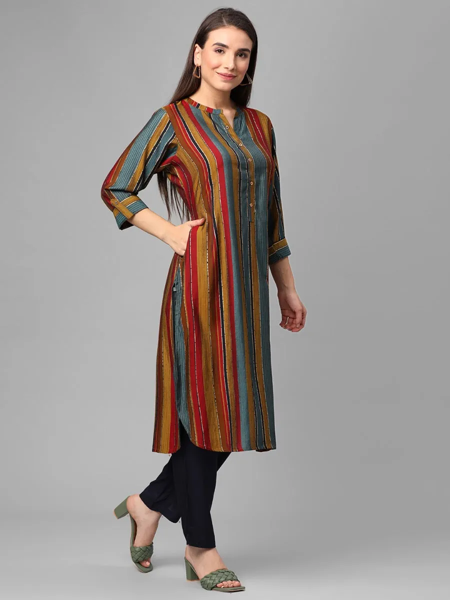 Olive Multi Stripe Printed Kurta With Trouser