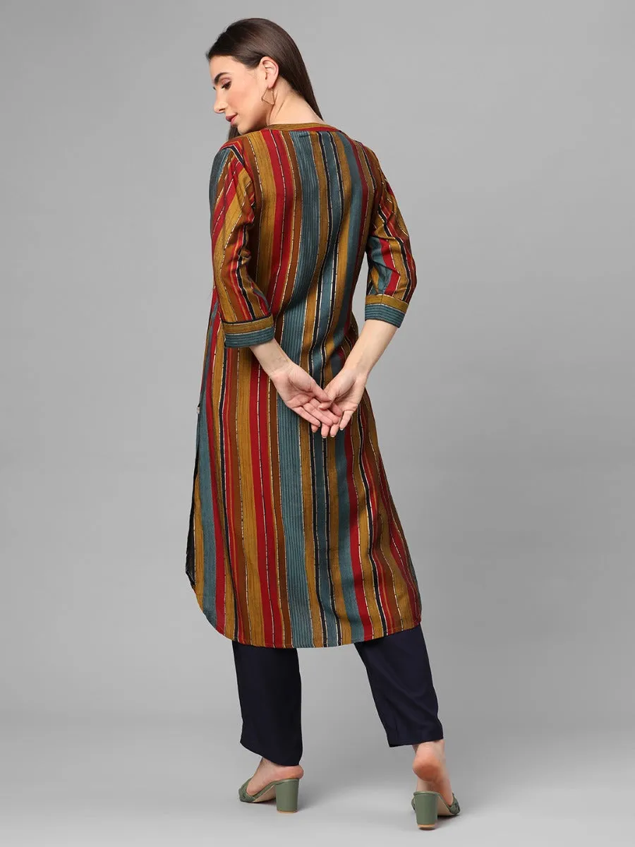 Olive Multi Stripe Printed Kurta With Trouser