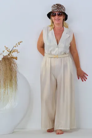 Ärmelloser Jumpsuit mit Kragen, beige-gold