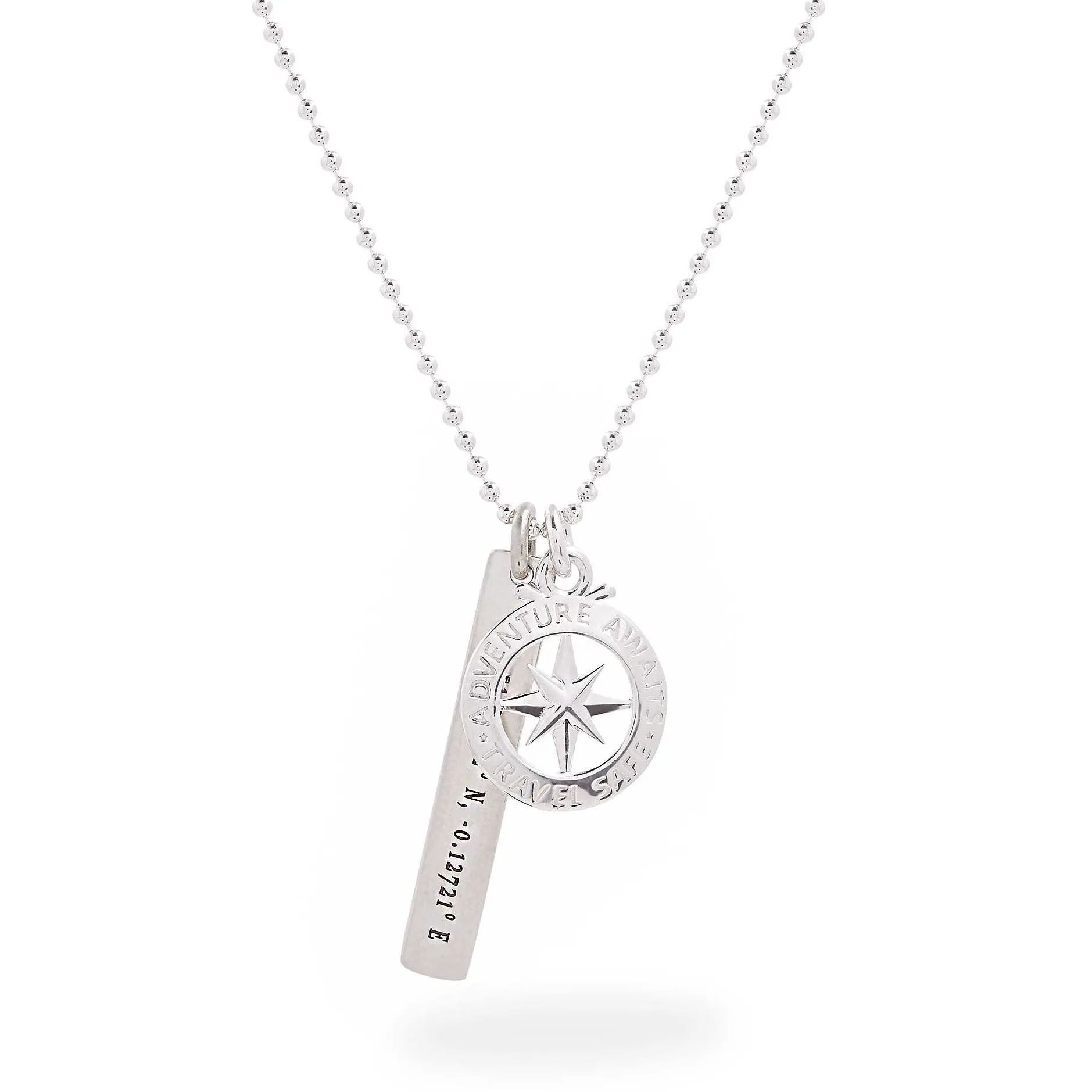 Travel Safe Compass Coordinates Long Tag Silver Necklace