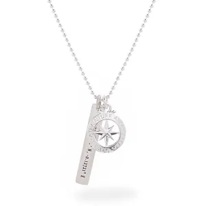 Travel Safe Compass Coordinates Long Tag Silver Necklace